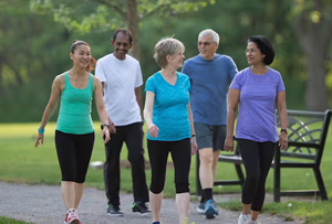 Five adults walking in a park