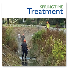 Words say Springtime Treatment in blue and green on white over a picture of a work crew spraying a creekbed on a sunny day