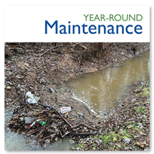Words say year-round maintenance in green and blue on white over a picture of a creek blocked by trash and debris